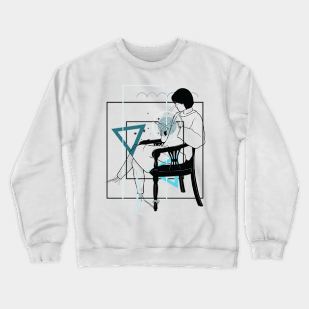 Sitting and looking at my mobile Crewneck Sweatshirt by Frajtgorski